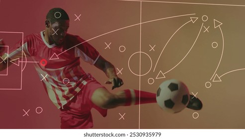 Image of african american male soccer player over stadium drawing. Global sport and digital interface concept digitally generated image. - Powered by Shutterstock