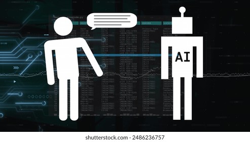 Image of ai text and icon and data processing. Global artificial intelligence, digital interface, computing and data processing concept digitally generated image.