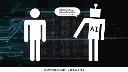 Image of ai text and icon and data processing. Global artificial intelligence, digital interface, computing and data processing concept digitally generated image.
