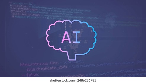 Image of ai text and icon and data processing. Global artificial intelligence, digital interface, computing and data processing concept digitally generated image.