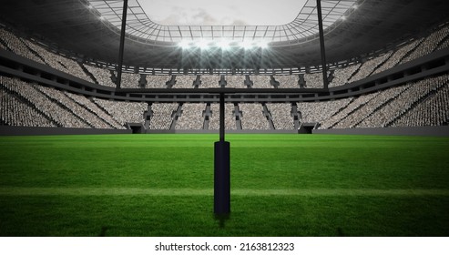 Image of american football goalposts and pitch, with cloudy sky at sports stadium. sports, competition, american football concept digitally generated image.