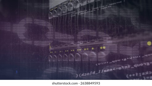 Image of analysis text and blockchains with server room in background. Digital composite, multiple exposure, computer language, network security, data center, networking, technology.