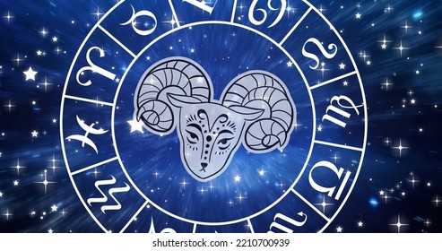 Image Of Aries Star Sign Symbol In Spinning Horoscope Wheel Over Glowing Stars. Horoscope And Zodiac Sign Concept Digitally Generated Image.