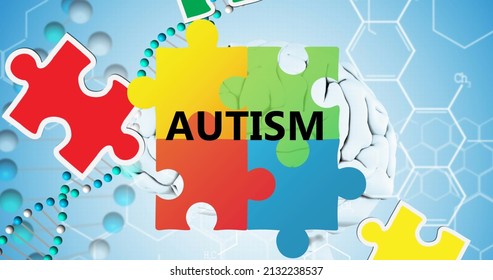 Image Of Autism Awareness Month Text Over Puzzle And Dna Strand. Autism Awareness Month And Celebration Concept Digitally Generated Image.