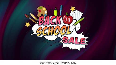 Image of back to school sale text banner against abstract textured purple gradient background. Sale discount and retail business concept - Powered by Shutterstock