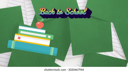 Image of back to school text over school icons. education, development and learning concept digitally generated image.