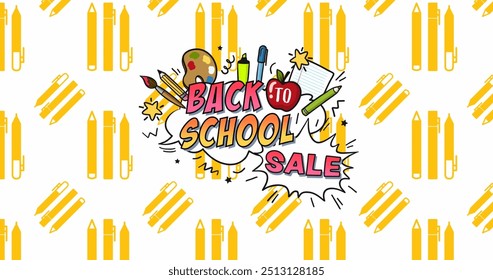 Image of back to school text over school items and icons. Education, learning and school concept digitally generated image. - Powered by Shutterstock - Get 15% off with code: PIKWIZARD15
