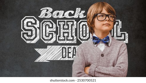 Image of back to school text over schoolboy. education, development and learning concept digitally generated image.