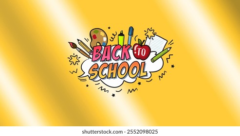 Image of back to school text over school icons on yellow background. School, learning and education concept digitally generated image. - Powered by Shutterstock