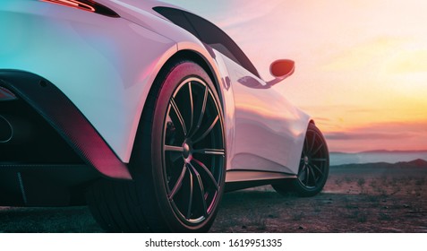 The image in back of the sports car scene behind as the sun going down with in the back. 3d rendering and illustration.