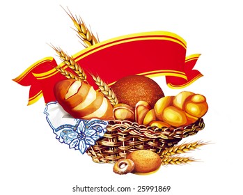 Image of a basket of bread and roll on a white background.
