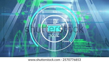 Image of battery charge digital data processing over computer servers. Global connections, computing and data processing concept digitally generated image.
