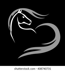 image of beautiful white horse with long fluttering mane and tail icon on black background