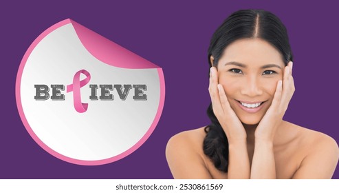 Image of believe text over smiling biracial woman on purple background. breast cancer positive awareness campaign concept digitally generated image. - Powered by Shutterstock