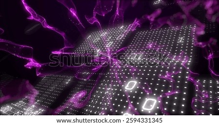 Image of binary coding over purple shapes. Technology, pattern and digital interface concept digitally generated image.