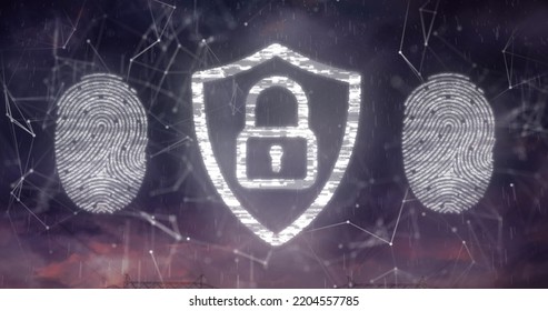 Image Of Biometric Fingerprint Scanners And Security Padlock Icon Against Mobile Towers. Cyber Security And Business Technology Concept