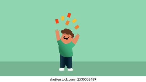 Image of biracial boy holding cards icon on green background. Icons and background concept digitally generated image. - Powered by Shutterstock