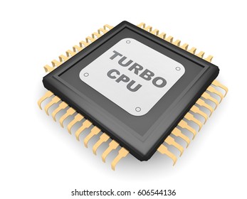 The Image Of Black CPU, Gold Contact, Silver Plate And Titanium Text TURBO CPU, A Symbol Of Speed, Strength And Power. Close-up On White Background, 3D Rendering