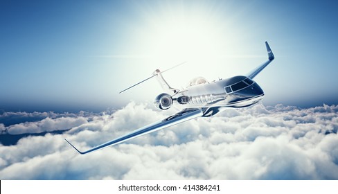 Image of black generic design private business jet flying in blue sky at sunset. Huge white clouds background. Luxury travel concept. Horizontal. 3d rendering