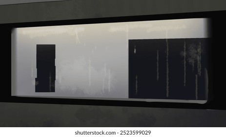 An image of a black and white wall with a window on it subway station bus in midnight in bus rel kereta api