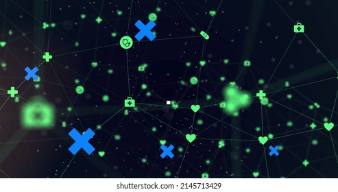 Image of blue crosses over network of icons, pink neon grid, and circuit network. communication technology and digital interface concept, digitally generated image.