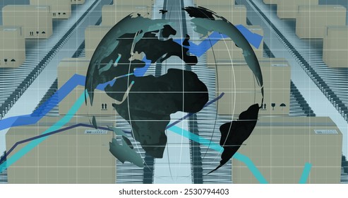 Image of blue lines processing and globe spinning over cardboard boxes on conveyor belts. Global shipping and delivery concept digitally generated image.