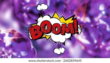 Image of boom text in red letters in retro speech bubble over glowing purple background. Vintage cartoon style concept digitally generated image.