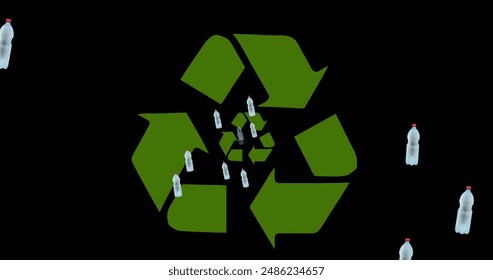 Image of bottles and recycling symbol on black background. environment, sustainability, ecology, renewable energy, global warming and climate change awareness. - Powered by Shutterstock