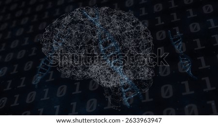 Image of brain rotating over dns on black background. Science, biology, data processing and technology concept digitally generated image.