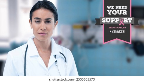 Image of breast cancer awareness text over caucasian female doctor. breast cancer awareness and healthcare concept digitally generated image. - Powered by Shutterstock