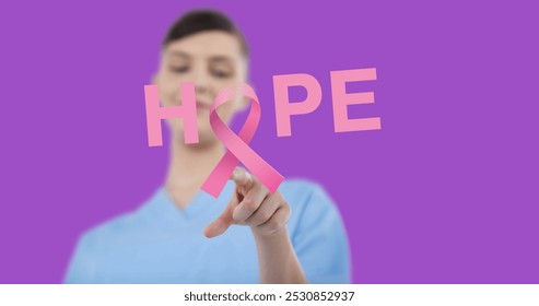 Image of breast cancer awareness text over smiling caucasian woman. breast cancer positive awareness campaign concept digitally generated image. - Powered by Shutterstock