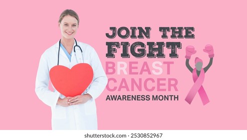 Image of breast cancer awareness text over smiling caucasian female doctor. breast cancer positive awareness campaign concept digitally generated image. - Powered by Shutterstock