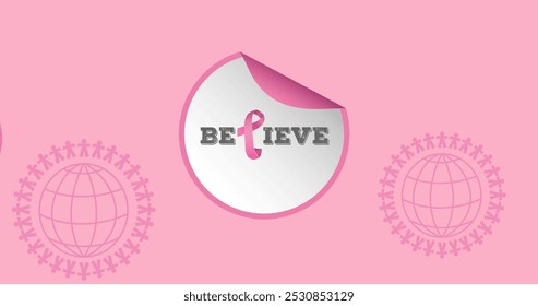 Image of breast cancer awareness text over pink people and globes. breast cancer positive awareness campaign concept digitally generated image. - Powered by Shutterstock