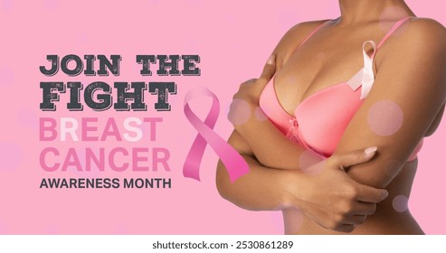 Image of breast cancer awareness text over african american woman on pink background. breast cancer positive awareness campaign concept digitally generated image. - Powered by Shutterstock