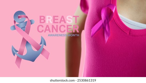 Image of breast cancer awareness text over caucasian woman with pink ribbon on pink background. breast cancer positive awareness campaign concept digitally generated image. - Powered by Shutterstock