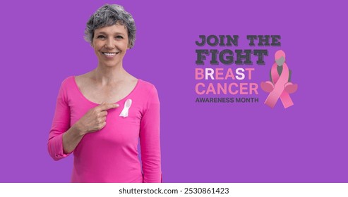 Image of breast cancer awareness text over smiling caucasian woman on purple background. breast cancer positive awareness campaign concept digitally generated image. - Powered by Shutterstock