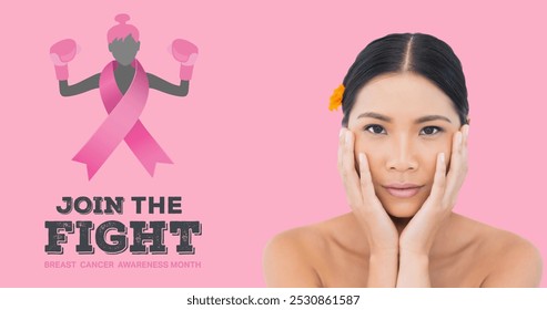 Image of breast cancer awareness text over smiling biracial woman on pink background. breast cancer positive awareness campaign concept digitally generated image. - Powered by Shutterstock