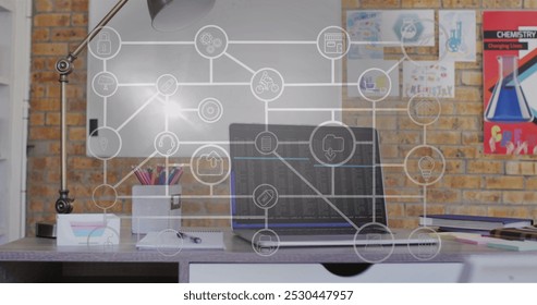 Image of business icons over empty office. Computer security day and celebration concept digitally generated image.