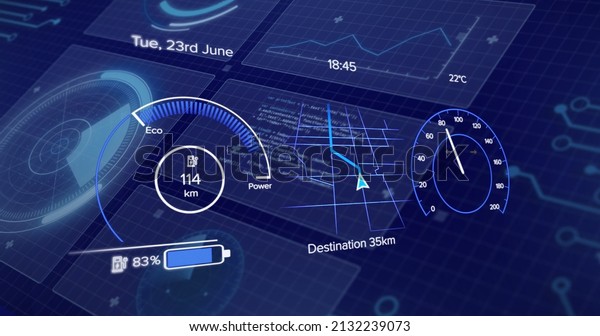 Image of car cockpit over data\
processing on blue background. global business, finances,\
connections and digital interface concept digitally generated\
image.