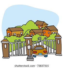 An Image Of A Car At The Front Gate Of A Gated Community.