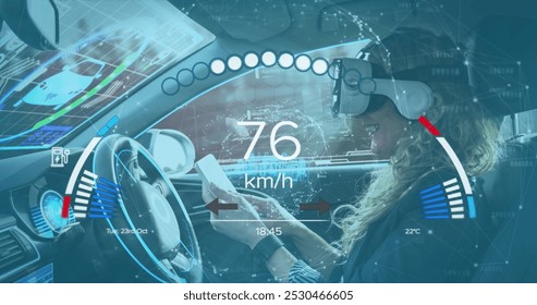 Image of car interface over caucasian woman with vr headset sitting in car. global transport, technology and digital interface concept digitally generated image. - Powered by Shutterstock