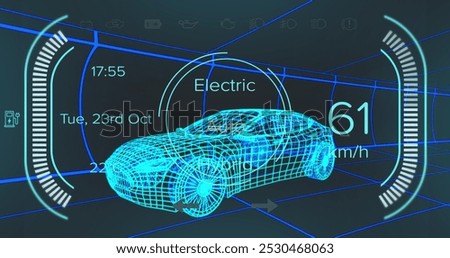 Image of car interface over digital car model on black background. global transport, technology and digital interface concept digitally generated image.