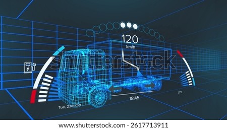 Image of car panel over digital lorry. global transport and digital interface concept digitally generated image.