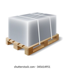 Image Of Cargo Wrapped Bubble Wrap On Wooden Pallet. Symbol Transport Shipping. 