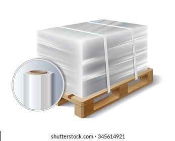 Image Of Cargo Wrapped Plastic Stretch Film On Wooden Pallet. Symbol Transport Shipping. 