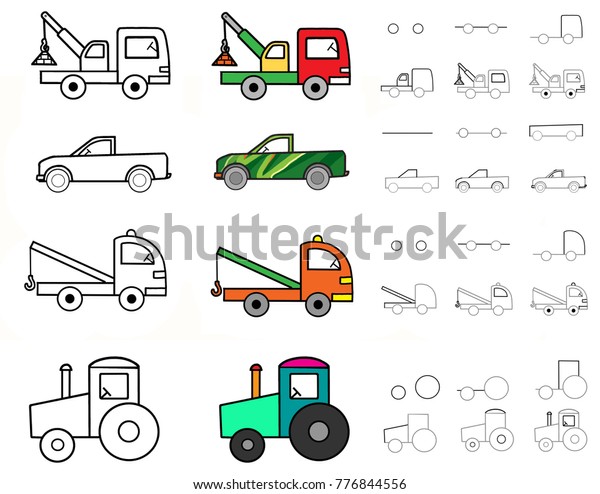 Image of cars. Poster. Pick-up, tow truck, fire\
truck, tractor. Step by\
step.
