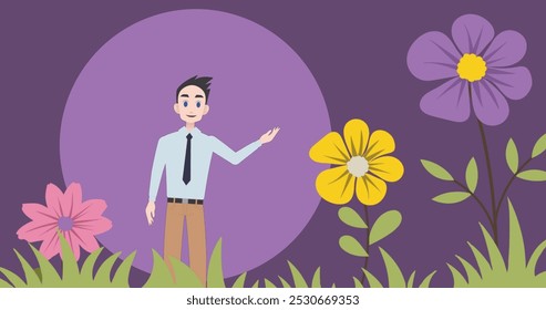 Image of caucasian businessman making presentation with flowers on purple background. Communication and business concept digitally generated image. - Powered by Shutterstock