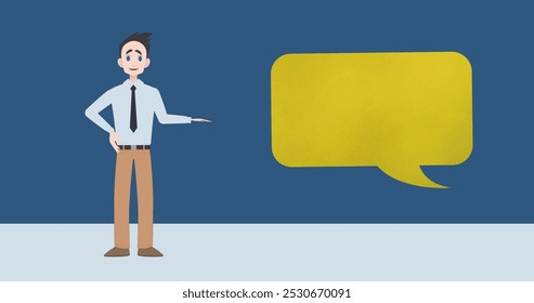 Image of caucasian businessmen making presentation with speech bubble over blue background. Communication and business concept digitally generated image. - Powered by Shutterstock