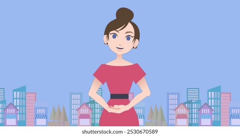 Image of caucasian businesswoman making presentation over cityscape. Communication and business concept digitally generated image. - Powered by Shutterstock