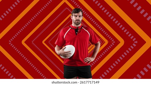 Image of caucasian male american football player with ball over shapes. global sport and digital interface concept digitally generated image.